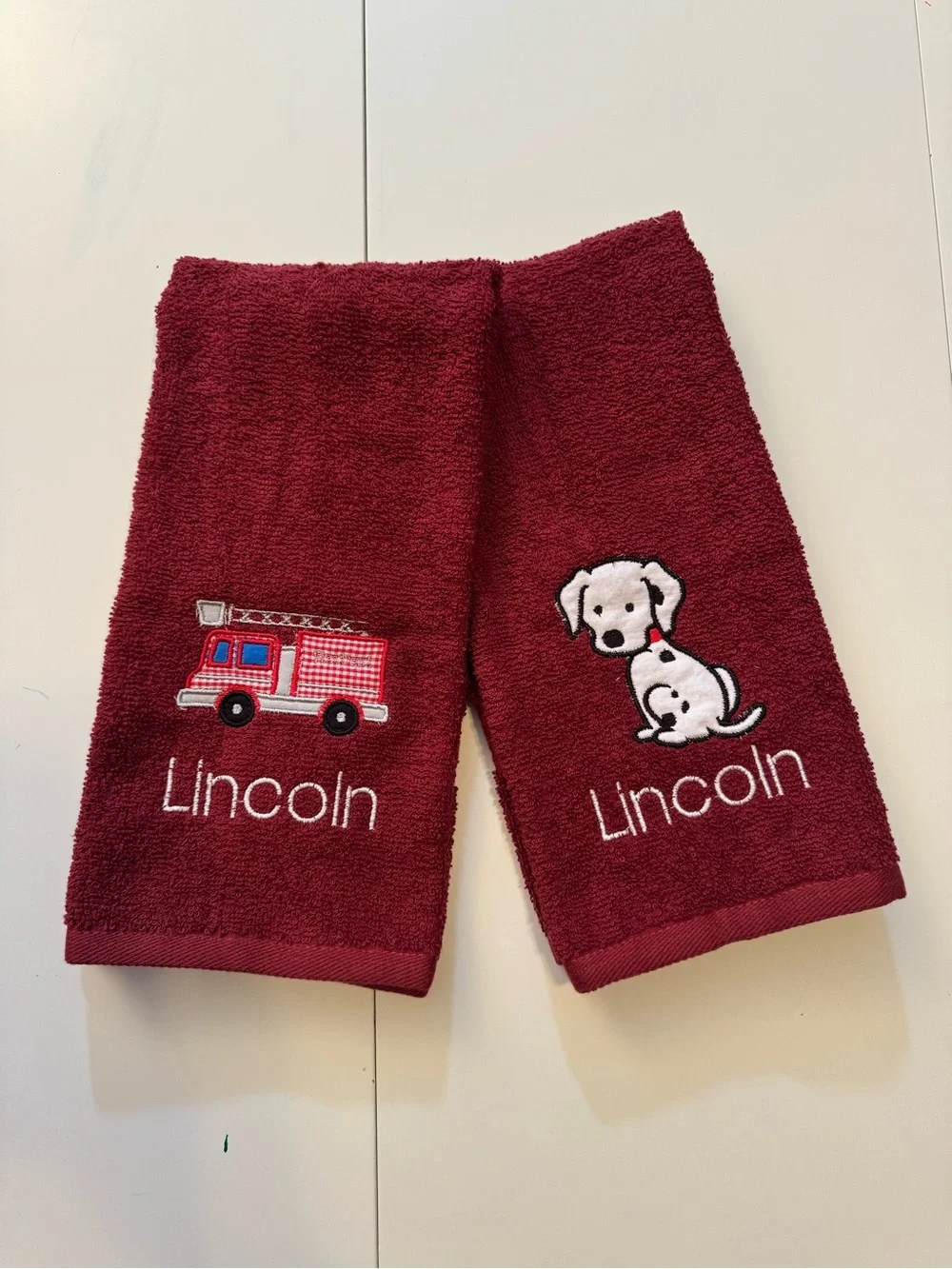 Personalized  Kids Hand Towels - Burgundy with Fire Truck & Dalmatian